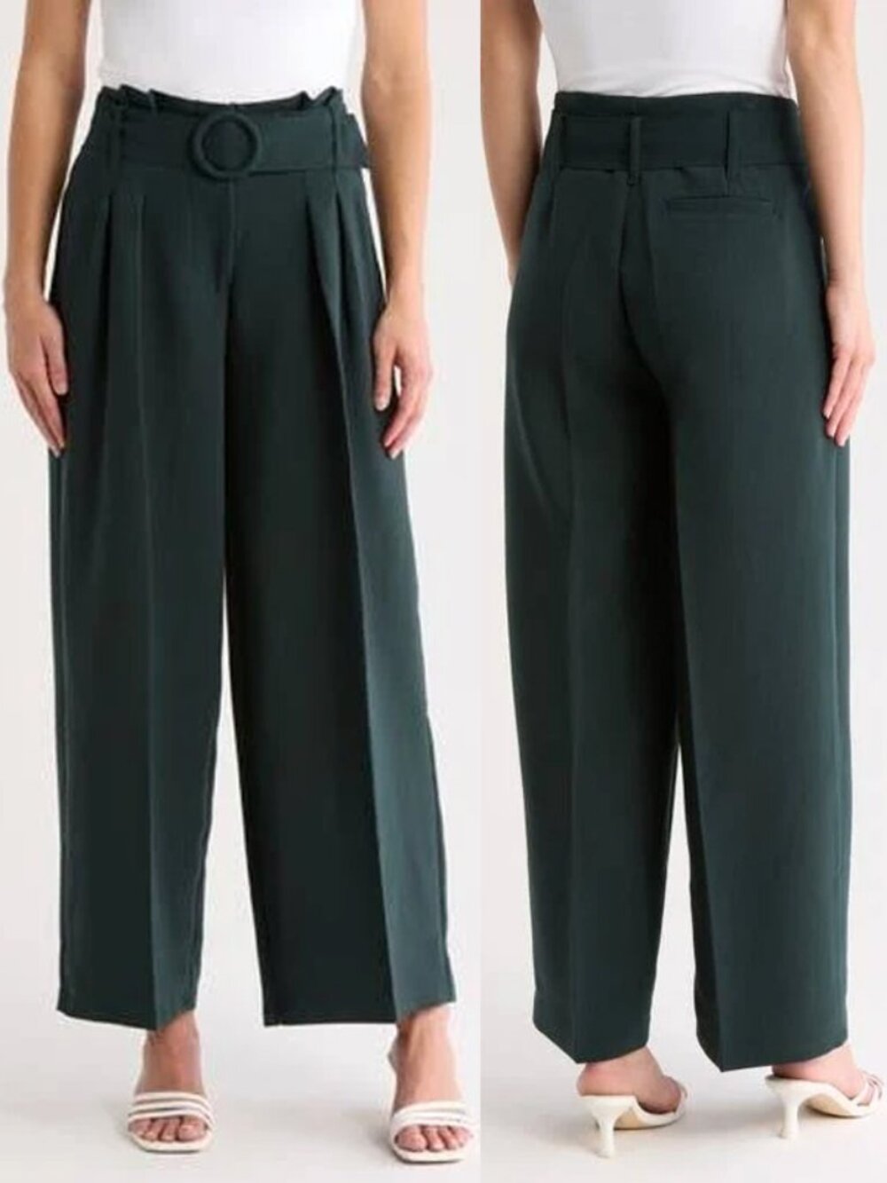 Adrianna Papell High Waist Belted Wide Leg Pleated Trouser Pant Hunter Green 4